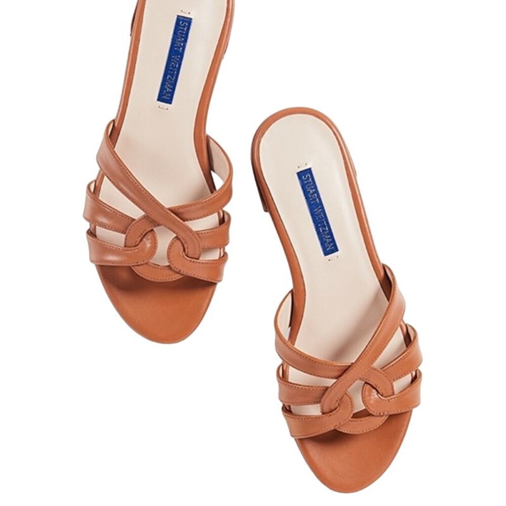 Stuart Weitzman Cami Leather Sandals Interlocking Vamp Straps Heel Brown 7.5